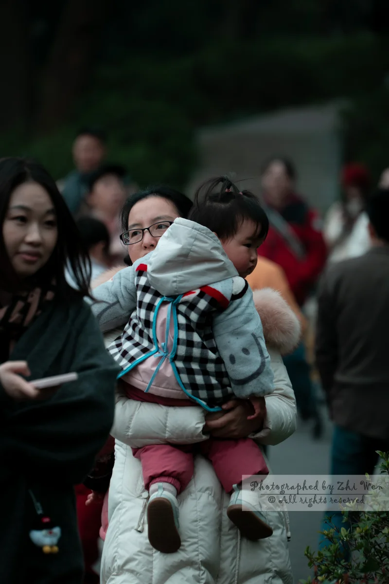 《抱着孩子的母亲走在湍急的人流中》